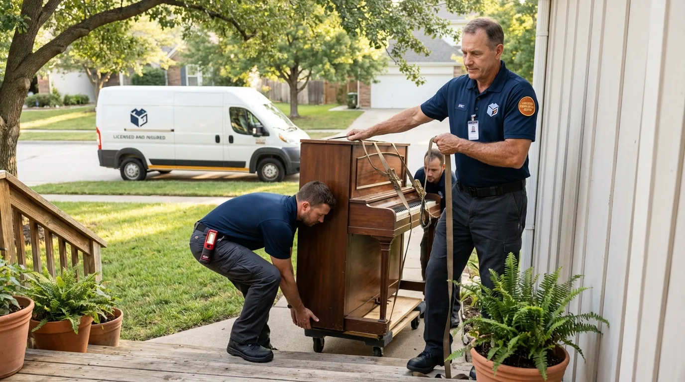 Licensed piano movers securing grand piano in West Sand Lake, NY