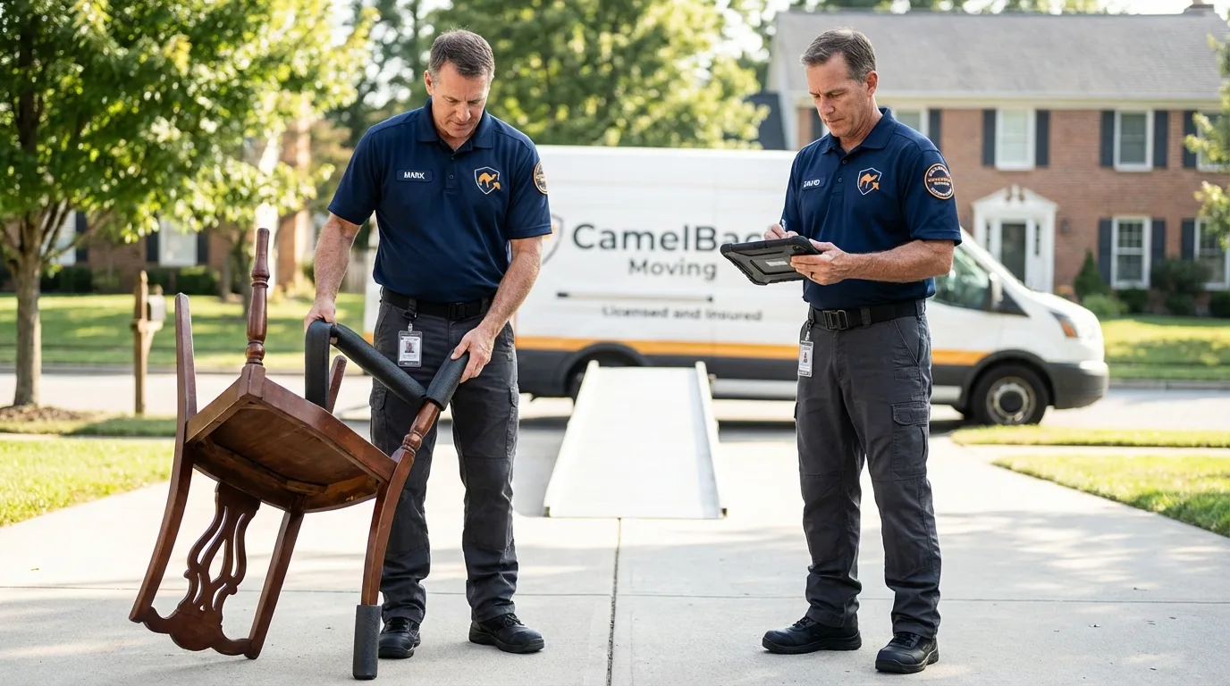 Movers inspecting furniture for damage prevention before loading in West Sand Lake, NY