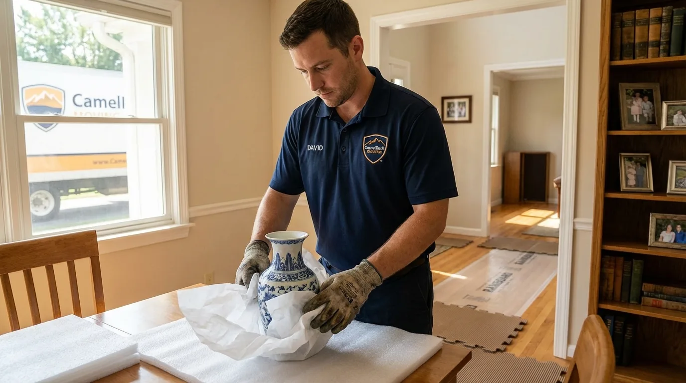 Professional crew carefully wrapping antique vase for senior downsizing move in West Sand Lake, NY