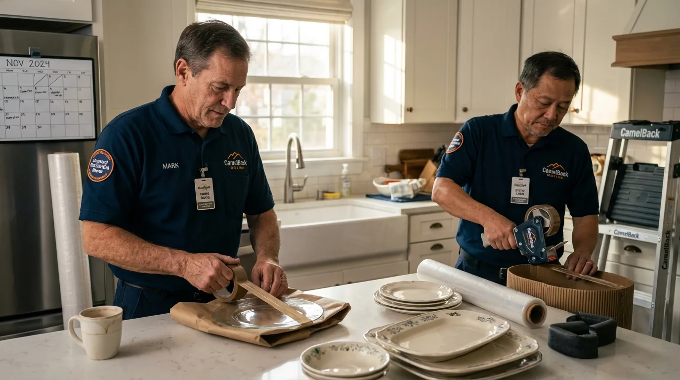 Professional crew packing kitchen dishware in West Sand Lake, NY